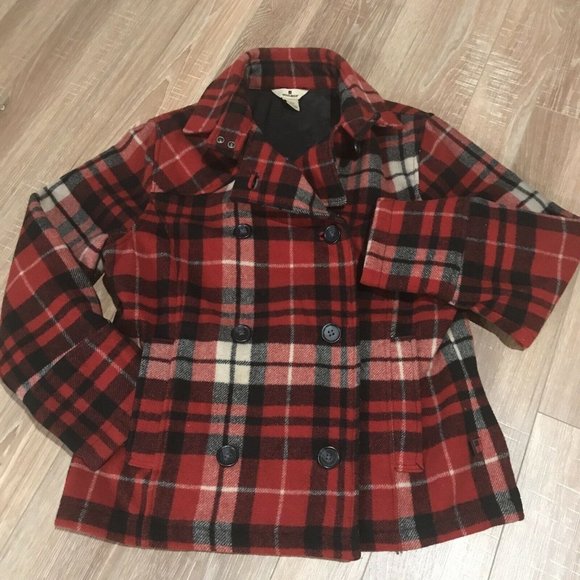 WOOLRICH Wool Blend Peacoat Womens Small S Red Black Plaid Winter Jacket - Picture 1 of 8